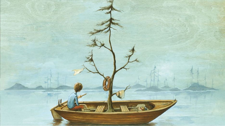 Dessin d'un personnage dans un bateau ayant un arbre dénudé au centre