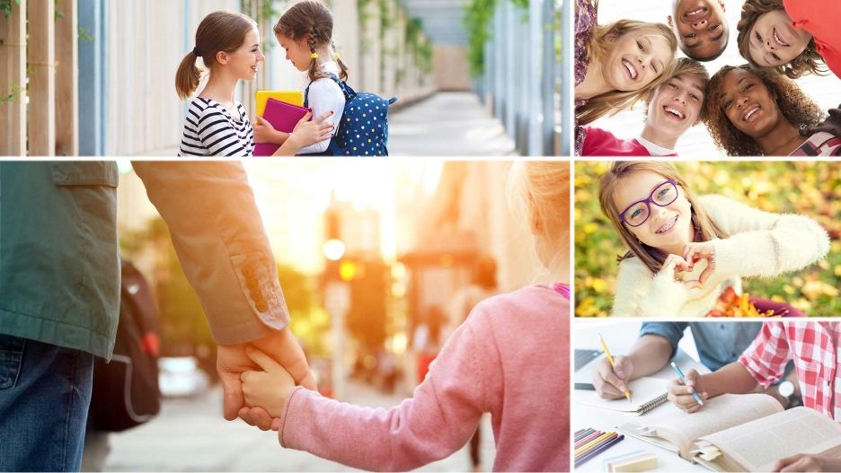 Montage photo, parent qui tient son enfant par la main